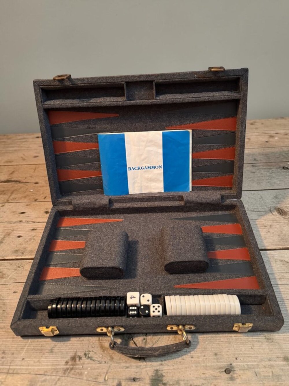 Vintage Backgammon Set With Gray Felted Case Checkers & Dice